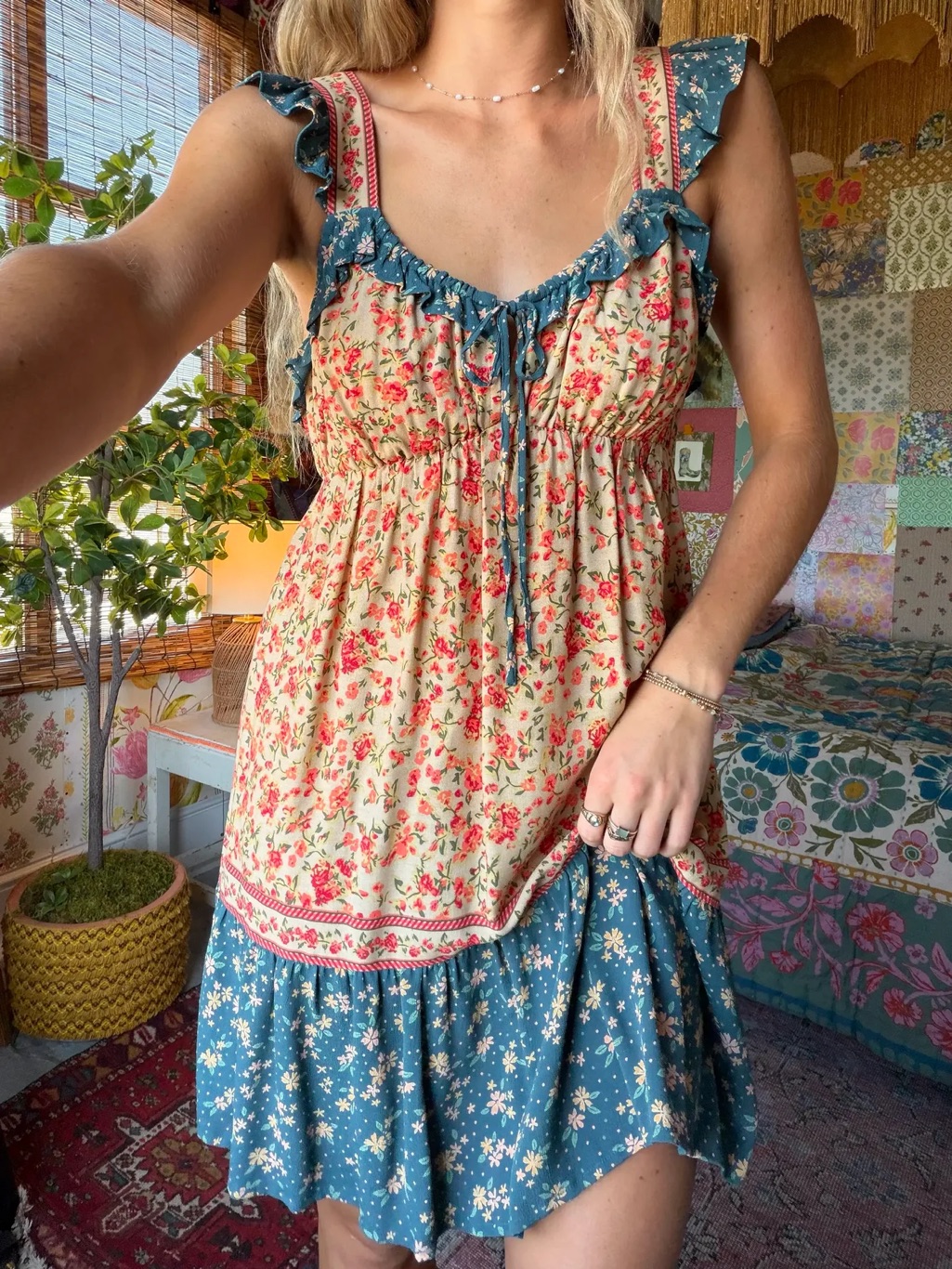 Natural Life Elizabeth Mini Dress - Blue Cream Ditsy - Xs New With Tags Nwt